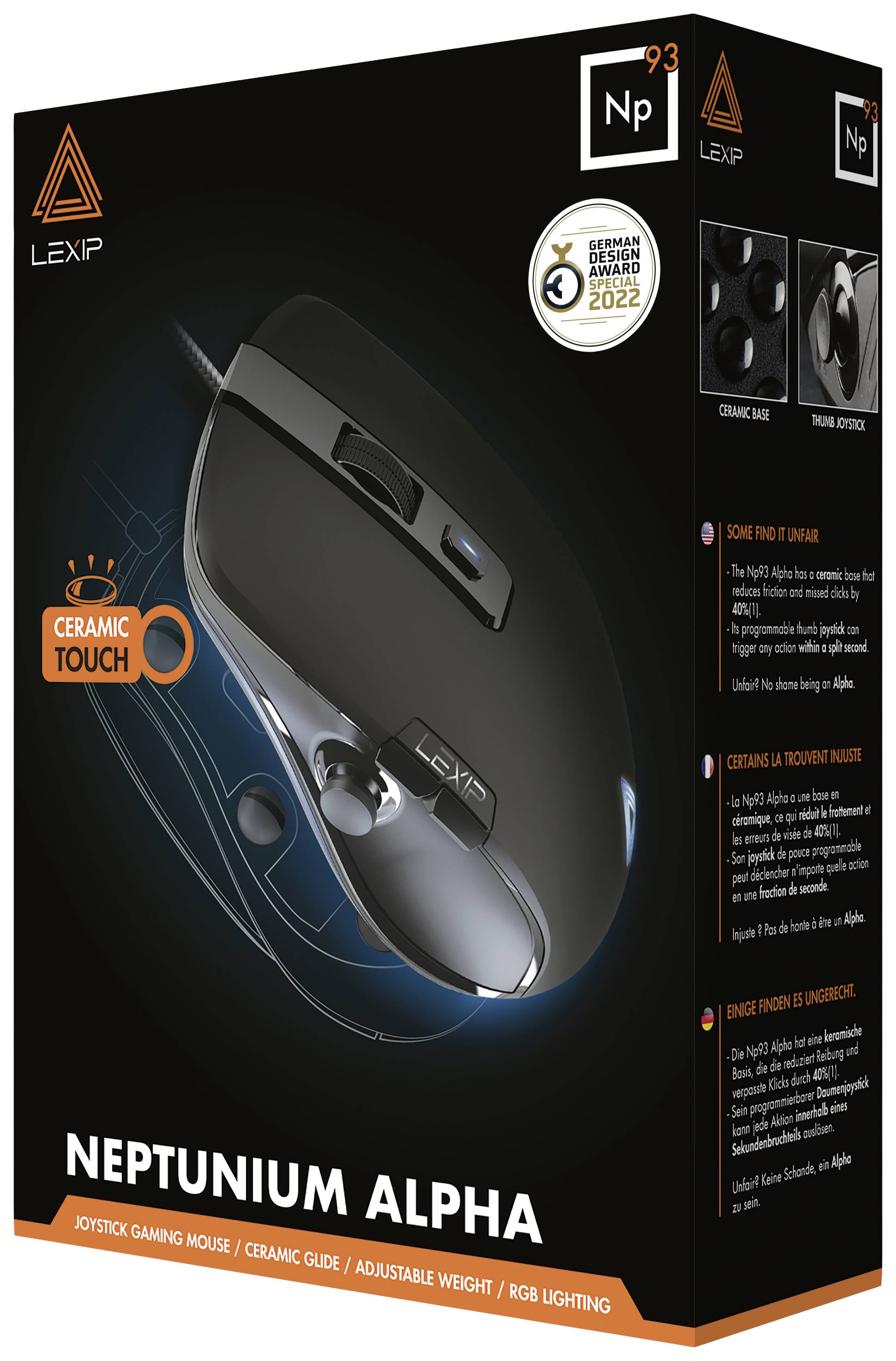 Czarna mysz gamingowa 'Neptunium Alpha' firmy Lexip z funkcją joysticka, ceramicznymi ślizgaczami i podświetleniem RGB, przedstawiona na opakowaniu.