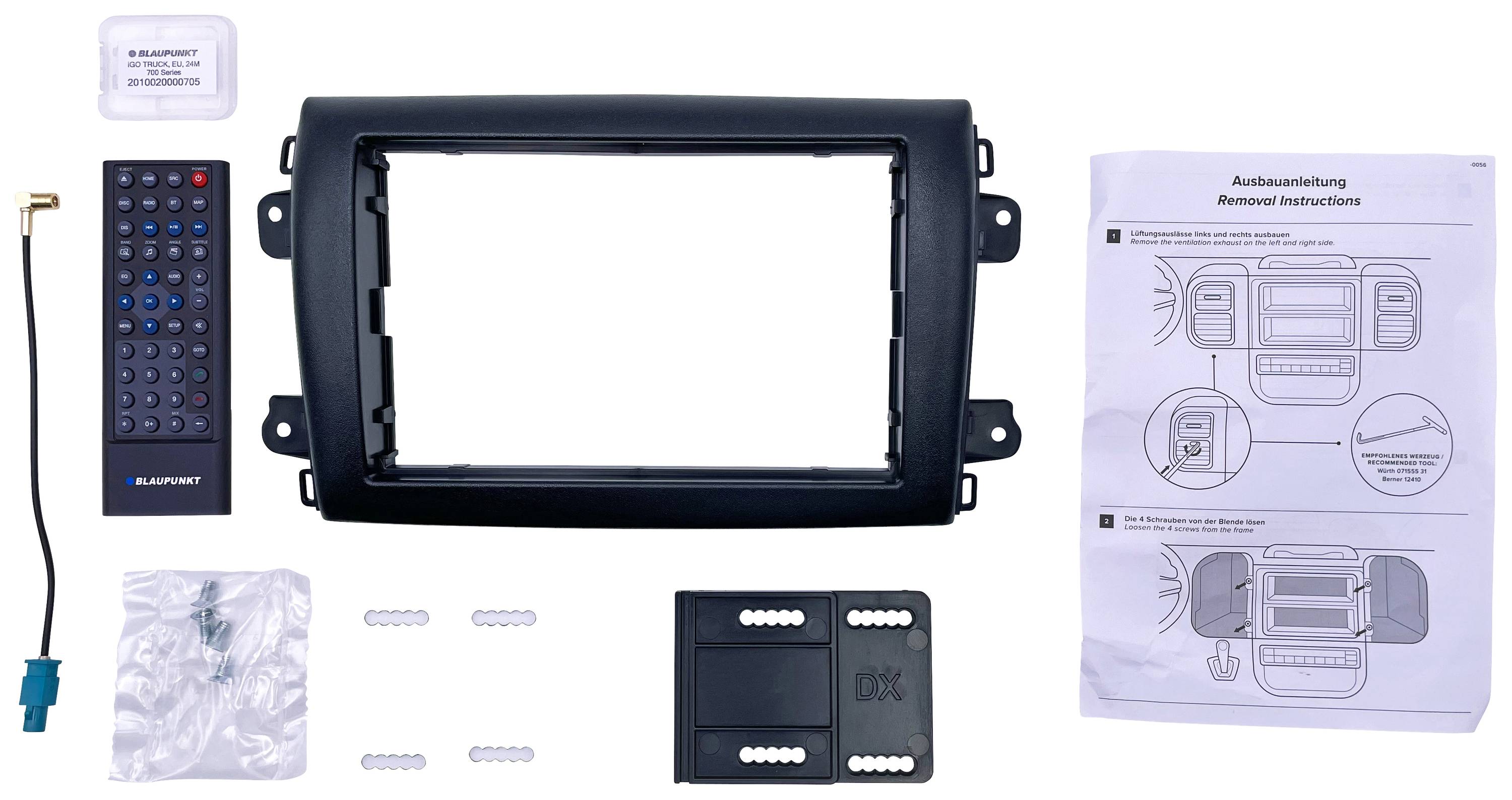 Zestaw montażowy do radia samochodowego z pilotem, ramką montażową, przewodem antenowym i instrukcją montażu do systemów Blaupunkt.