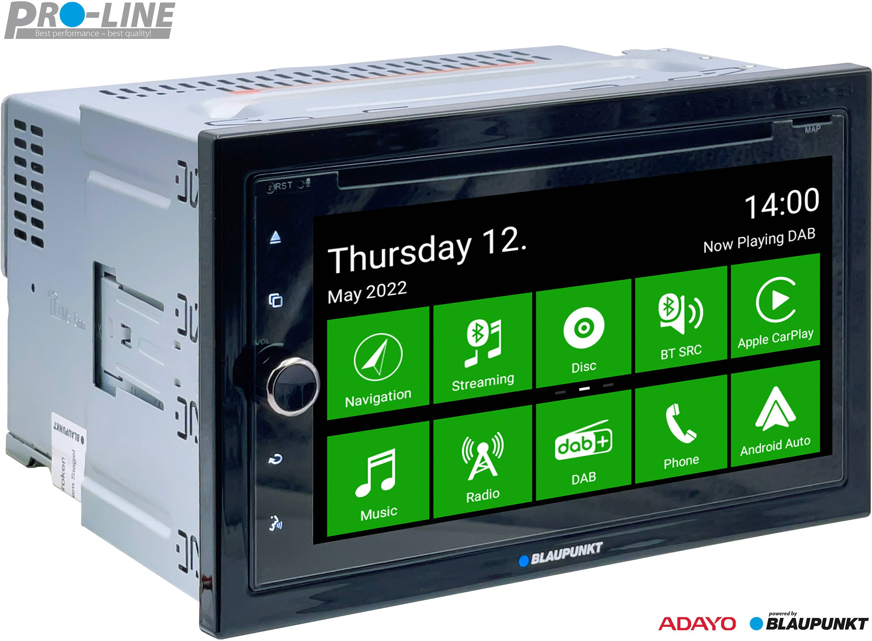 Autoradio z cyfrowym wyświetlaczem. Pokazuje datę, godzinę i różne aplikacje, takie jak nawigacja, streaming i telefon.