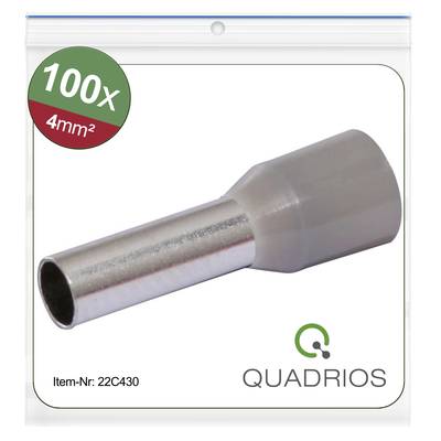 'QUADRIOS Końcówki tulejkowe 4mm², 100 sztuk. Numer artykułu: 22C430.' Zdjęcie przedstawia tulejkę kablową wykonaną z metalu i tworzywa sztucznego.