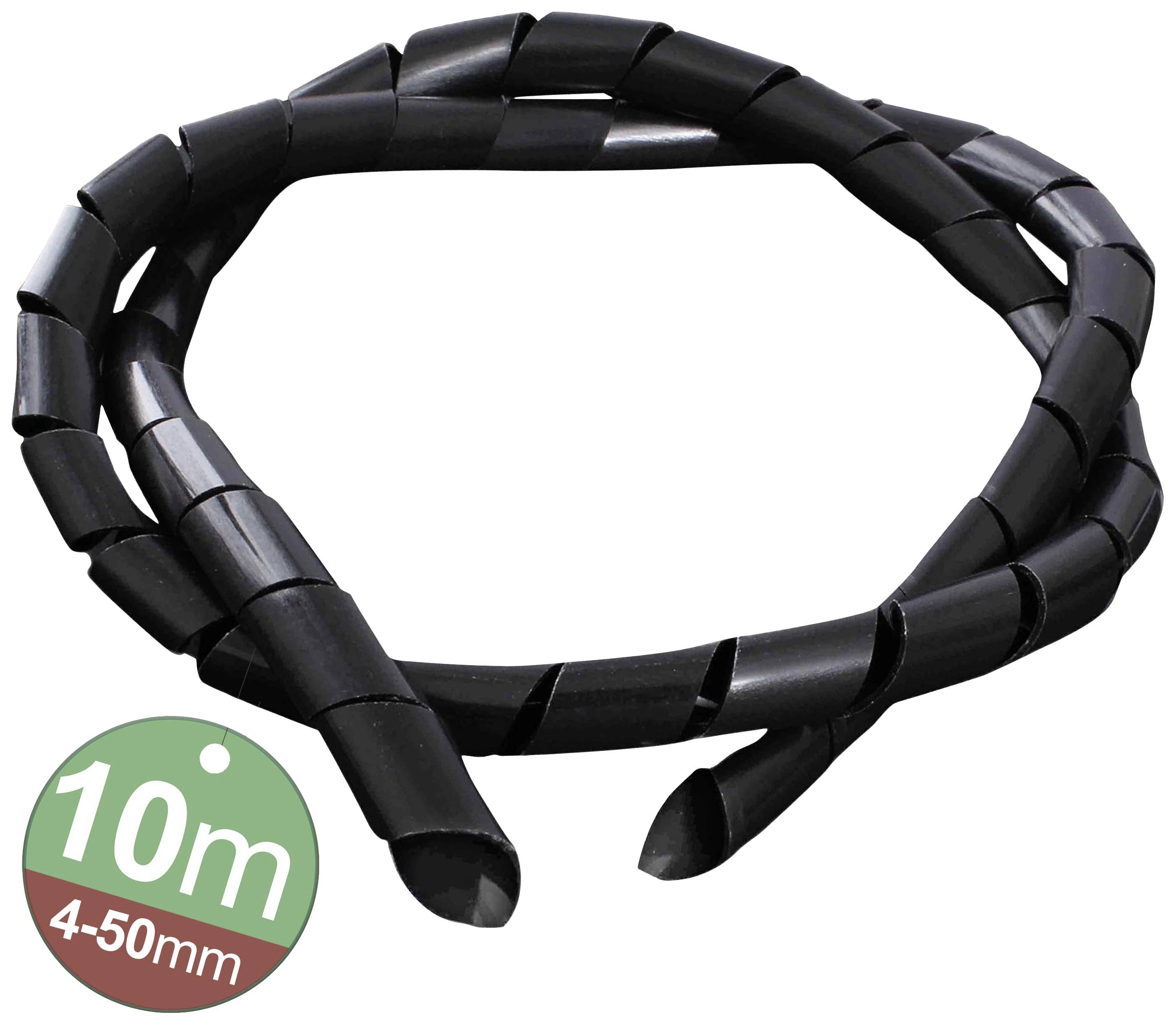 Czarny elastyczny kabel w oplocie, długość 10m, średnica 4-50mm. Idealny do organizacji i zabezpieczenia przewodów.
