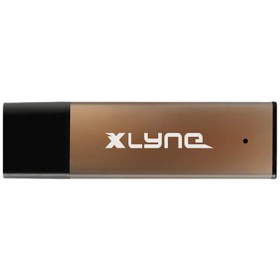 Pendrive z czarno-brązową obudową z napisem 'XLYNE'.