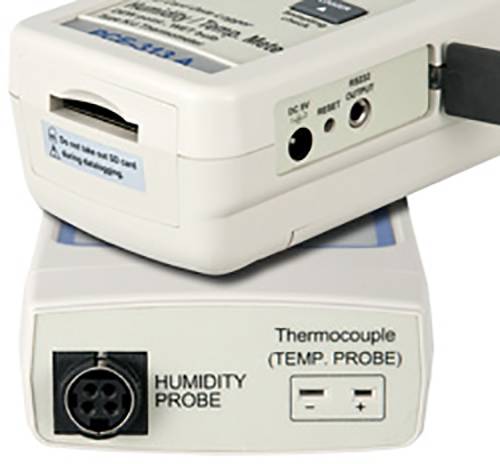 Elektroniczny przyrząd pomiarowy z interfejsami dla czujnika wilgotności i termopary. Posiada złącza do podłączenia sond.