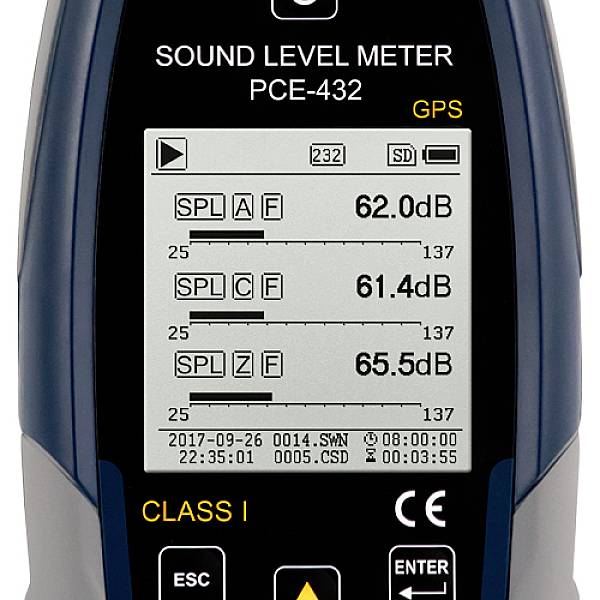 Miernik poziomu dźwięku wyświetla trzy pomiary: A - 62,0 dB, C - 61,4 dB, F - 65,5 dB. Data: 26.09.2017. Widoczne GPS i oznaczenie CE.