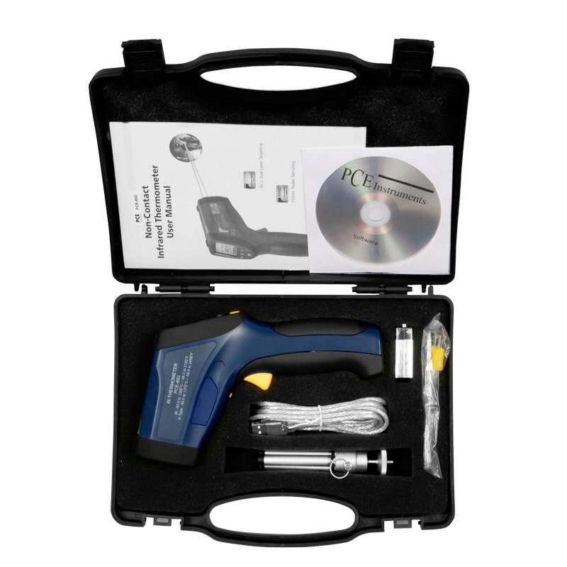 Przenośna walizka pirometru z miernikiem, instrukcją obsługi, płytą CD, uchwytem, bateriami i częściami zamiennymi. Idealna do pomiarów temperatury.