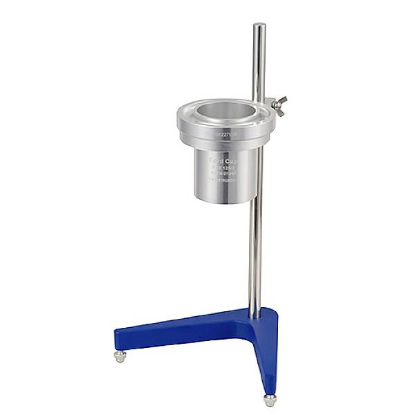 Metalowy przyrząd do pomiaru lepkości ze stojakiem, powszechnie stosowany w laboratoriach do określania zdolności płynięcia cieczy.