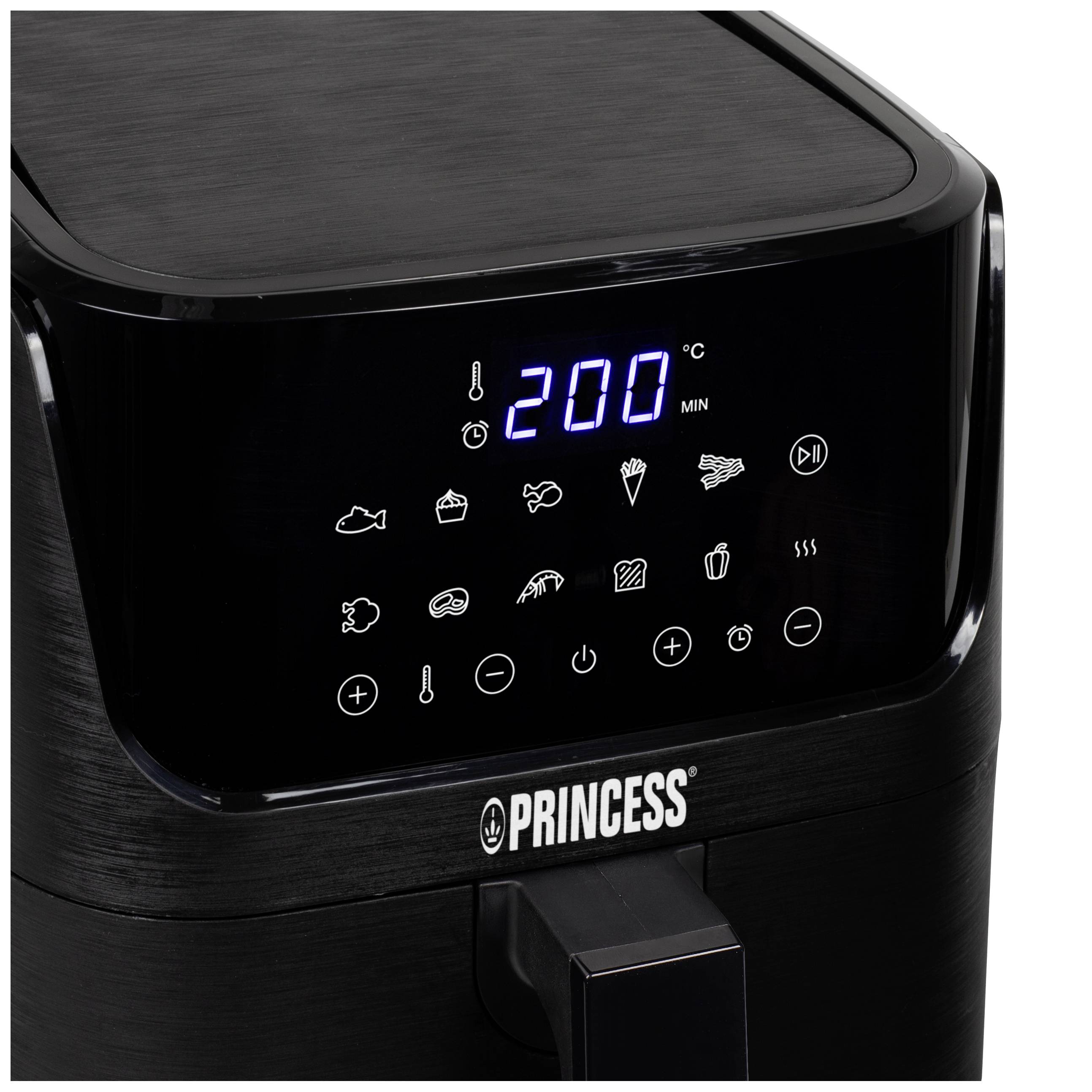 Cyfrowy wyświetlacz frytkownicy gorącego powietrza z temperaturą ustawioną na 200°C, symbolami timera i elementami sterującymi na przedniej części urządzenia.