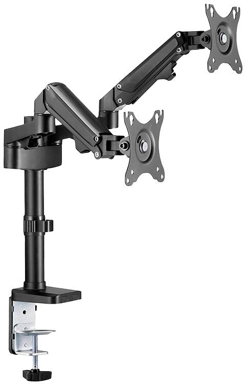 Podwójne ramię na monitor z mocowaniem zaciskowym. Odpowiednie do montażu dwóch monitorów płaskich, regulowane ramiona zapewniające elastyczne ustawienie.