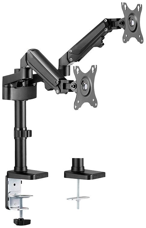 Dwa regulowane ramiona na monitory z metalową konstrukcją z mocowaniem zaciskowym do biurek. Odpowiednie do zamontowania dwóch monitorów.