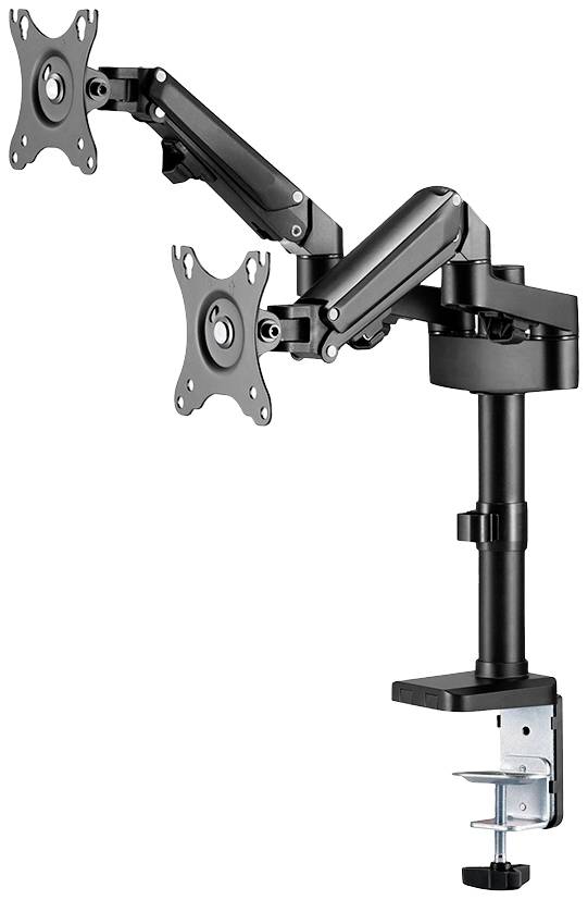 Dwuramienny uchwyt na monitor z regulowanymi przegubami do mocowania ekranów na biurku.