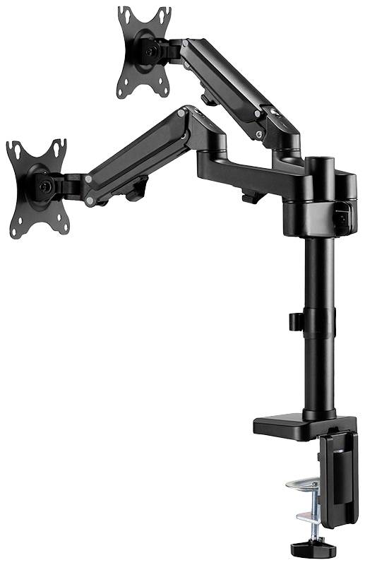 Czarny, regulowany podwójny uchwyt na monitor z zaciskiem do mocowania na biurku, przeznaczony dla dwóch monitorów zgodnych ze standardem VESA.