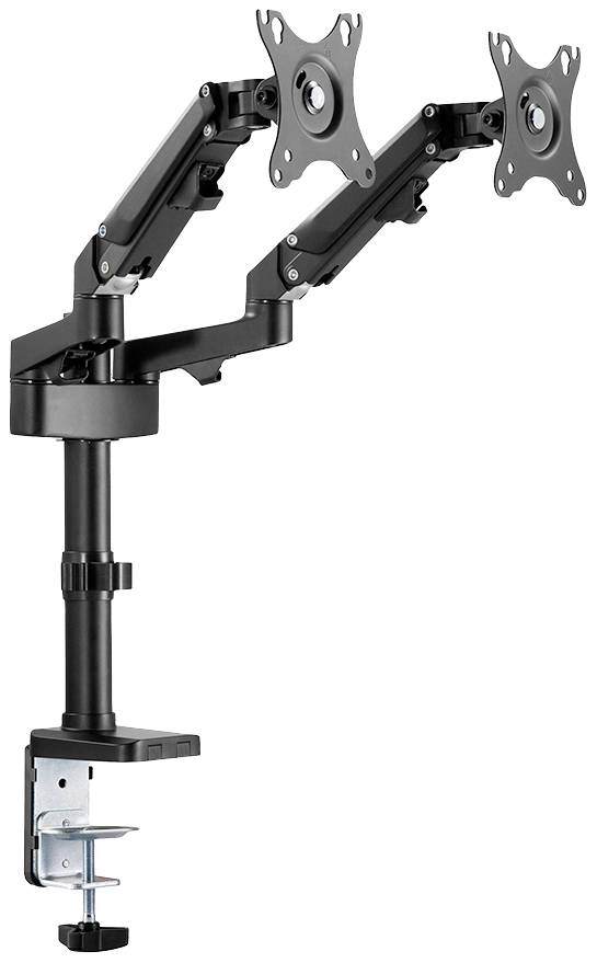 Podwójny uchwyt na monitor z obrotowymi ramionami, do mocowania na biurku, przeznaczony dla dwóch ekranów, o regulowanym kącie nachylenia.