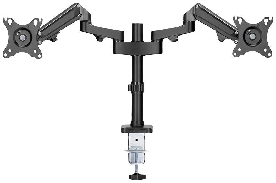 Dwuramienny uchwyt na monitor z regulowanymi ramionami i zaciskiem do mocowania na biurku. Idealny do podtrzymywania dwóch ekranów.