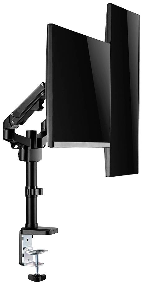 Czarny monitor jest zamocowany na regulowanym w pionie ramieniu biurkowym, które jest przymocowane do krawędzi stołu.
