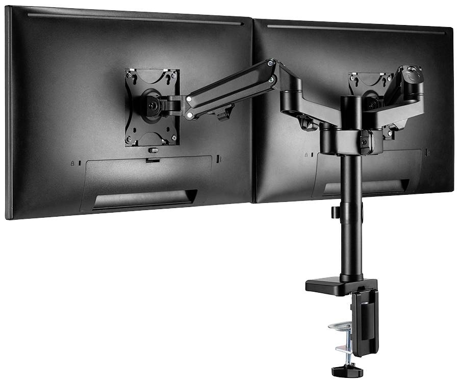 Dwa monitory na podwójnym ramieniu obrotowym, zamontowane na biurku. Ramię można regulować w różnych kierunkach.