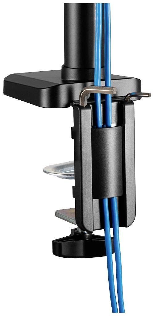 Uchwyt na kable z zaciskiem do biurka, wykonany z czarnego metalu, pionowo trzymający dwa niebieskie przewody przy nodze stołu.