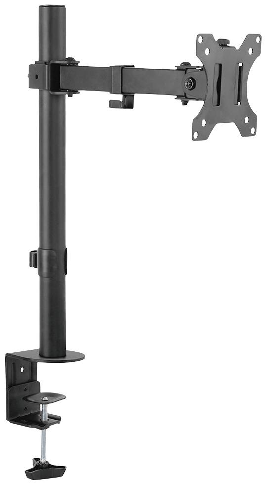 Czarna podstawa monitora z regulowanym ramieniem i zaciskiem do mocowania na biurkach. Odpowiednia dla monitorów płaskich.