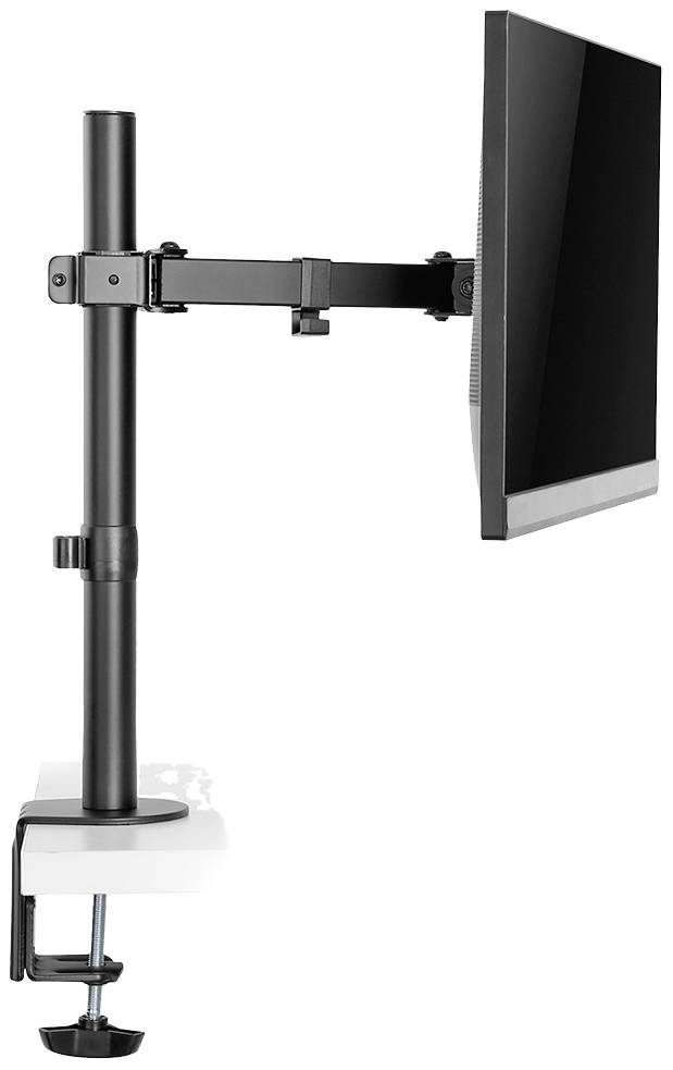 Monitor jest zamocowany na czarnym, regulowanym ramieniu biurkowym. Ramię jest przymocowane do krawędzi stołu za pomocą zacisku.