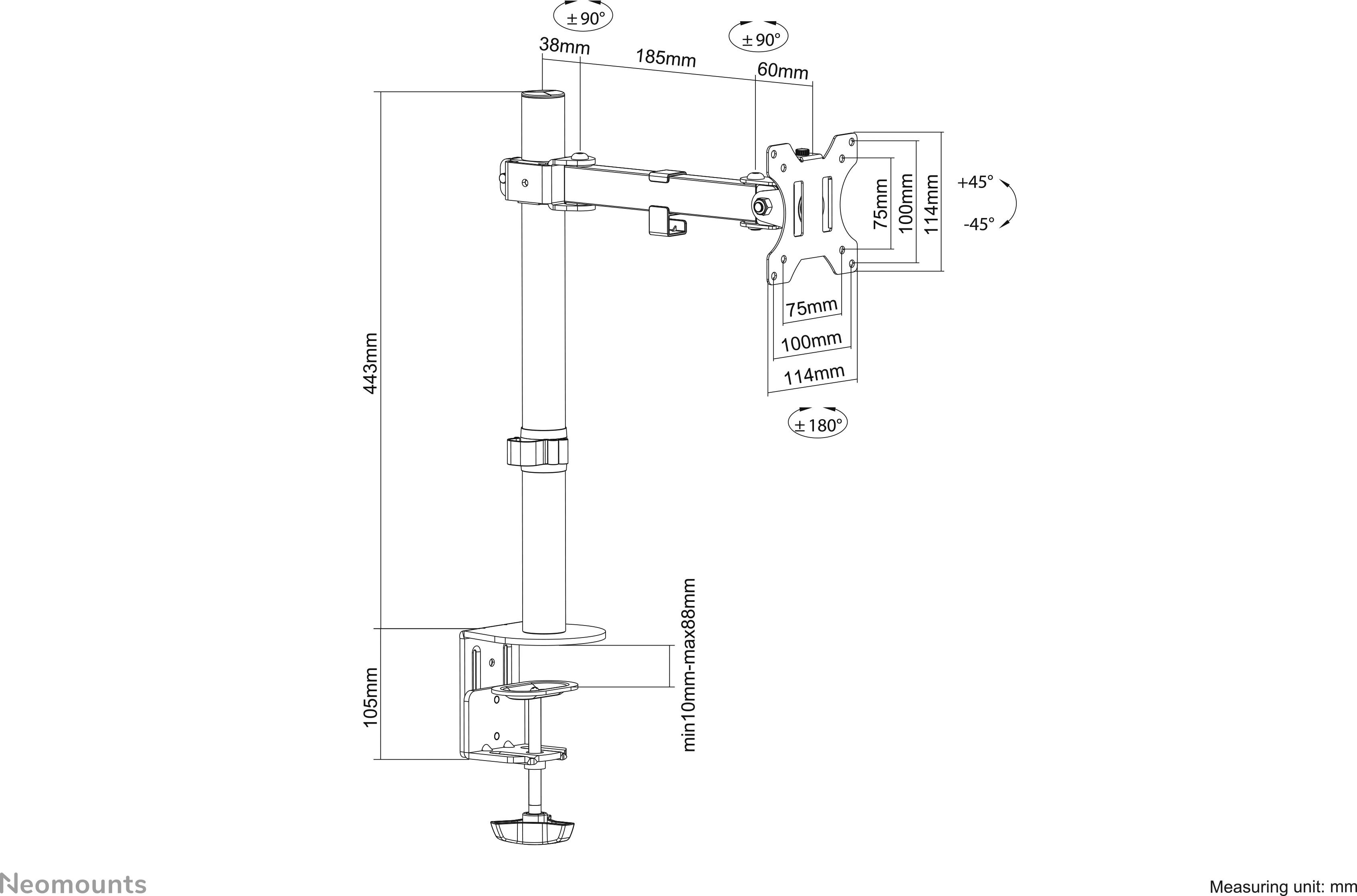 Uchwyt do monitora komputerowego: Regulowane ramię z możliwością zmiany wysokości, z obrotem 360°, pochyleniem 180° i regulacją 90°. Przedstawione wymiary i sposób montażu.