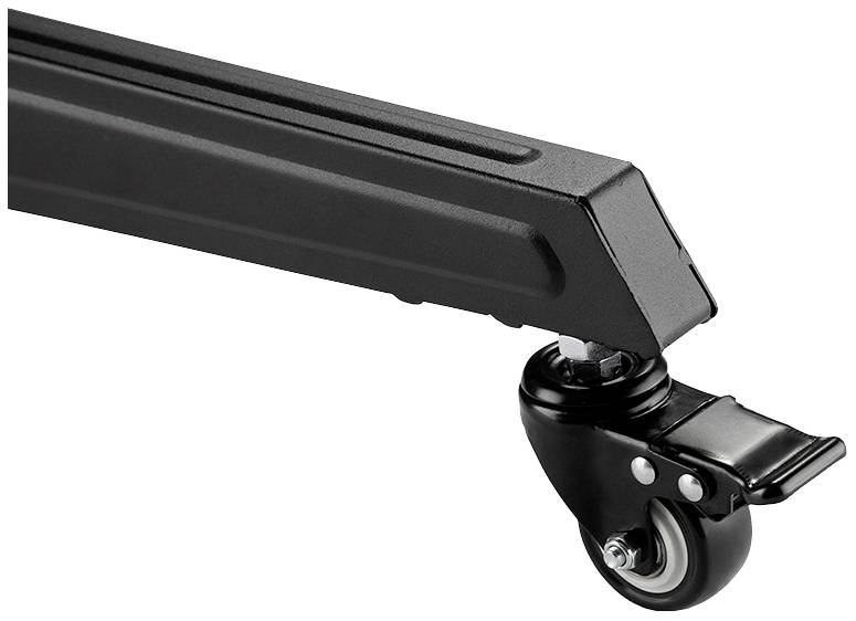 Czarne kółko meblowe z hamulcem od spodu prostokątnej podstawy, przydatne do przemieszczania i unieruchamiania mebli.