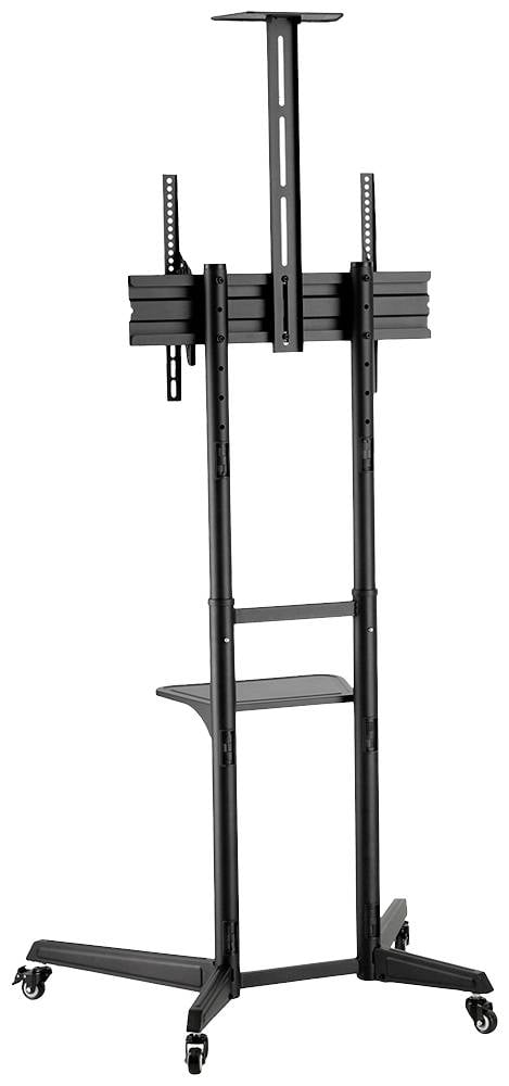Czarny, regulowany stojak na telewizor z kółkami, wyposażony w uchwyt do zamocowania ekranu oraz małą półkę poniżej.