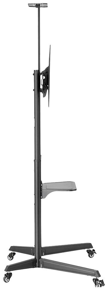 Pojedynczy, czarny stojak na telewizor na kółkach, z regulacją wysokości, z możliwością zamontowania monitora, idealny do prezentacji lub biur.
