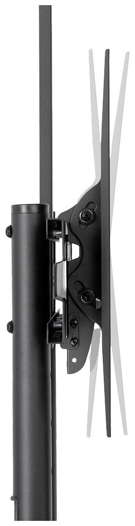 Widok z boku czarnego uchwytu do telewizora na płaskie ekrany, zamocowanego na pionowej rurze stalowej.