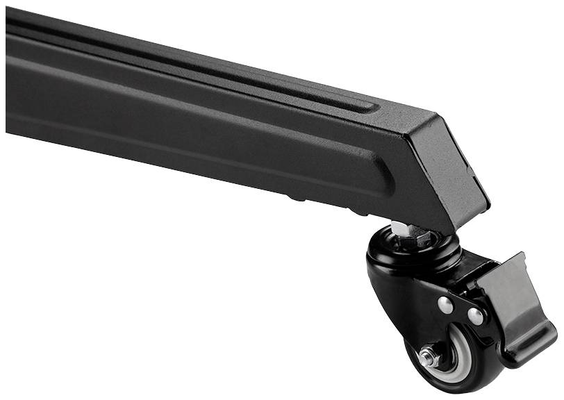 Czarna noga stołowa z zamontowanym kółkiem i hamulcem postojowym, odpowiednia do mobilnych biurek lub stołów konferencyjnych.