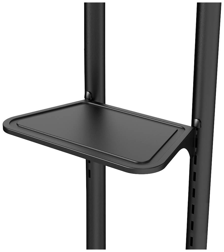 Czarna półka na stabilnym metalowym stelażu, zamontowana między dwoma pionowymi słupkami, odpowiednia do przechowywania lub dekoracji.