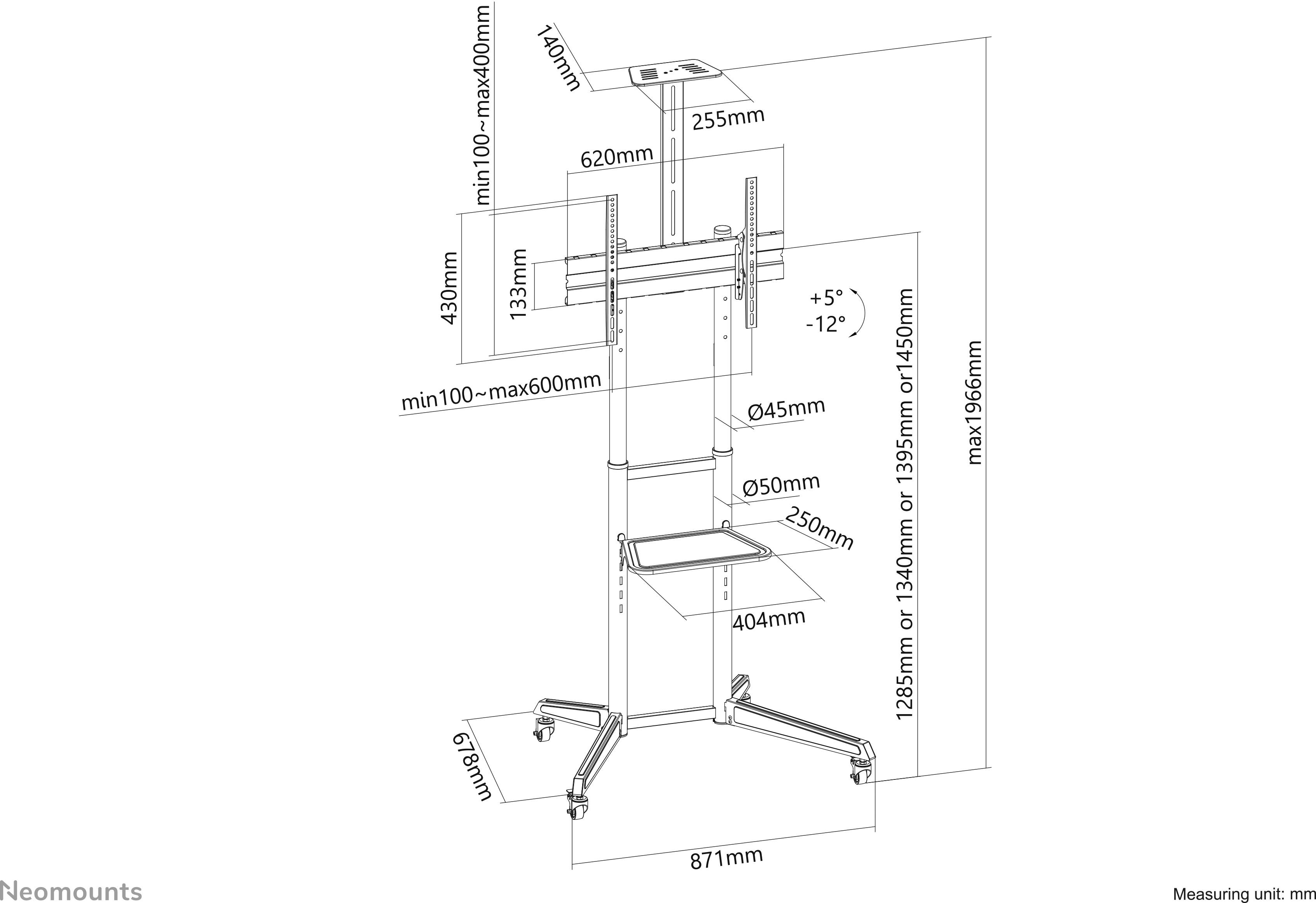 Regulowany wysokościowo wózek na telewizor z wymiarami, zakresem pochylenia od +5° do -12°, powierzchniami do przechowywania i kółkami. Maksymalna wysokość 1969 mm.
