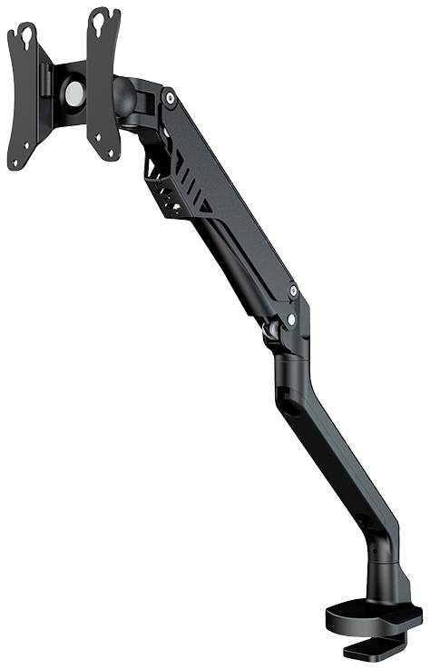 Czarny wysięgnik monitora z przegubami i zaciskiem do mocowania na biurku, umożliwia elastyczne ustawienie ekranu.