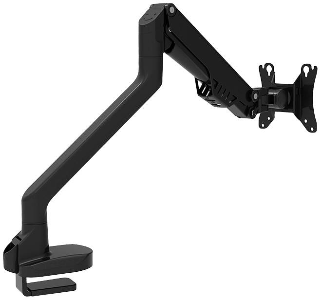 Czarny uchwyt na monitor z metalu, mocowany do krawędzi biurka, umożliwia elastyczne ustawienie ekranu dla ergonomicznej pracy.