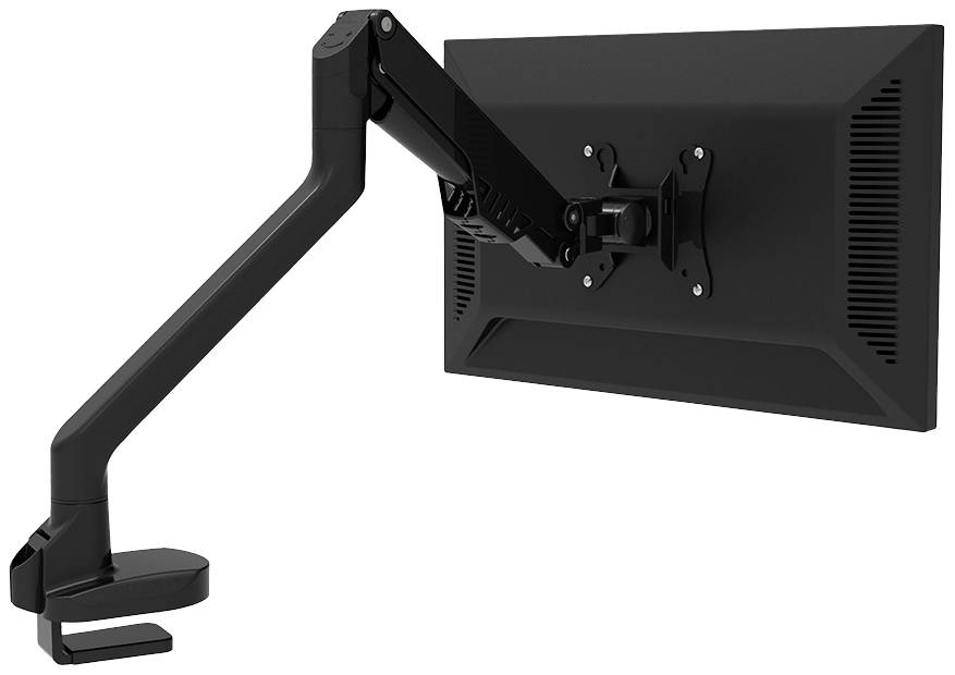 Czarny monitor jest zamocowany na regulowanym ramieniu przegubowym, zamontowanym na biurku.