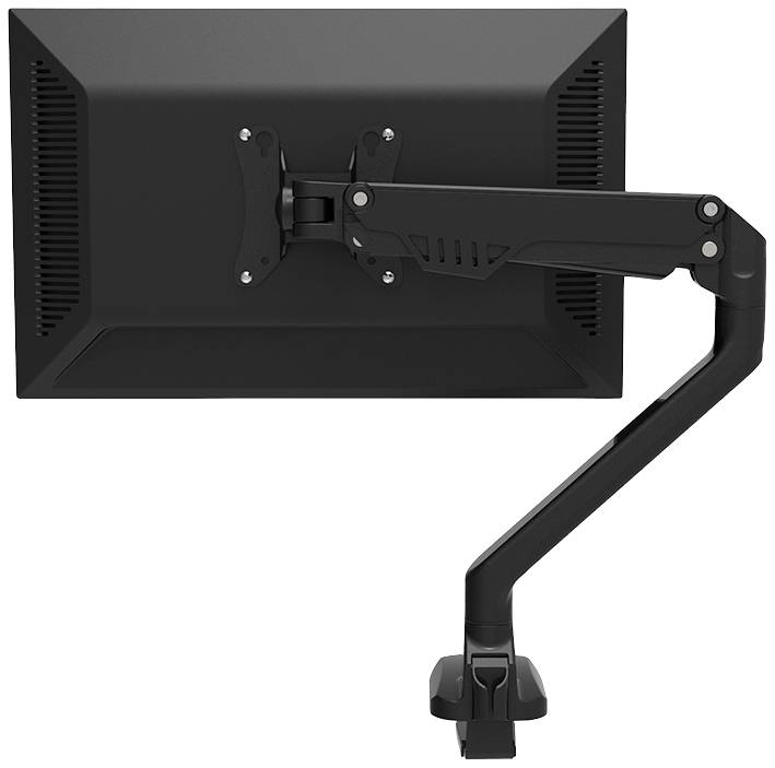 Monitor na ruchomym ramieniu, widok od tyłu, z elastycznym mocowaniem do umieszczenia na biurkach.