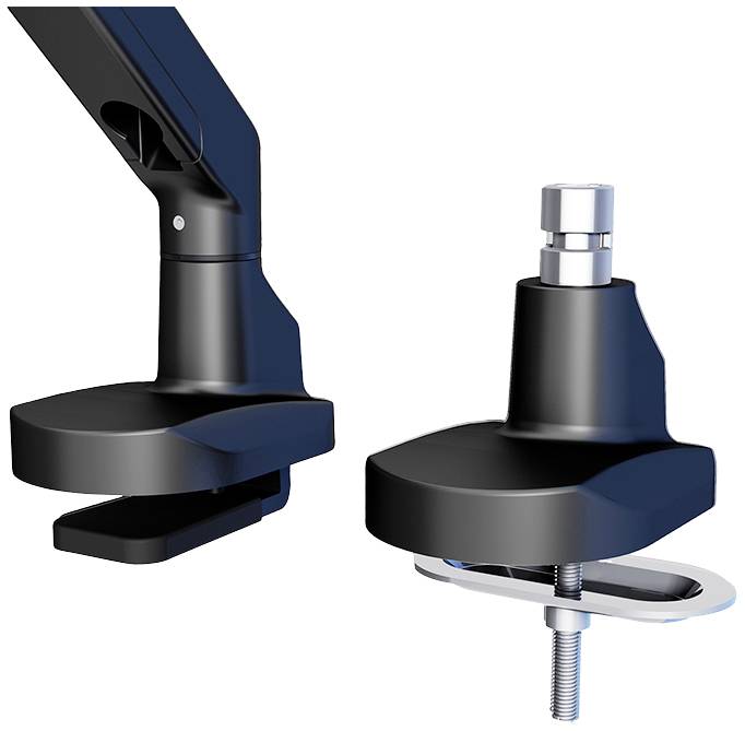 Czarny uchwyt monitora z dwoma różnymi rodzajami mocowań do montażu na biurkach. Po lewej stronie zacisk śrubowy, po prawej zacisk do wiercenia.