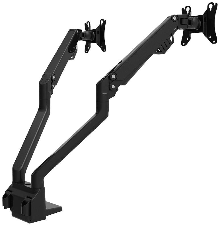 Dwa regulowane czarne ramiona na monitory, zamocowane do krawędzi biurka, zapewniają elastyczne możliwości ustawienia ekranów.