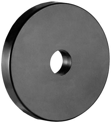 Czarny, okrągły ciężar z otworem pośrodku, płaska powierzchnia, typowy design dla obciążników do hantli.