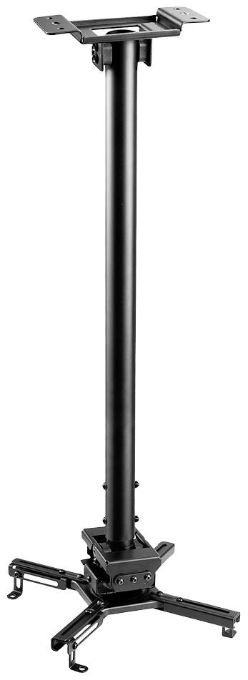 Czarna uchwyt sufitowy do projektora, wyposażony w regulowane ramiona oraz centralny słup, zapewniający bezpieczne mocowanie do sufitu.