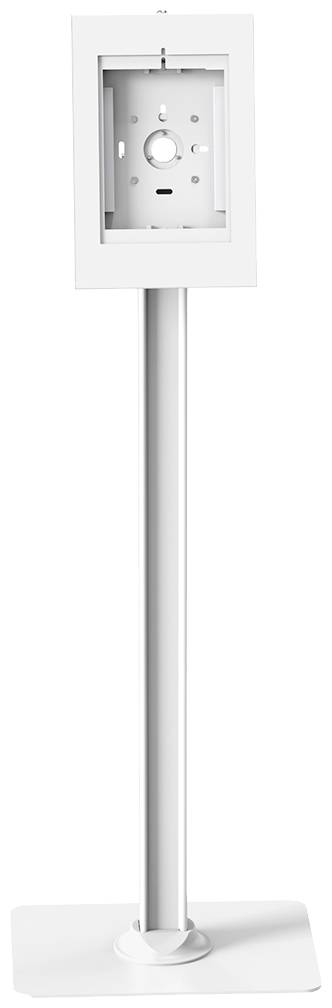 Biały, pionowy metalowy słupek z prostokątną ramą na górze, odpowiedni do zamontowania urządzenia lub ekranu.
