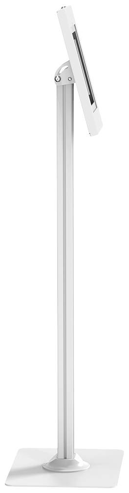 Biały stojak na tablet z smukłym, regulowanym ramieniem, idealny do prezentacji treści lub interaktywnego użycia.