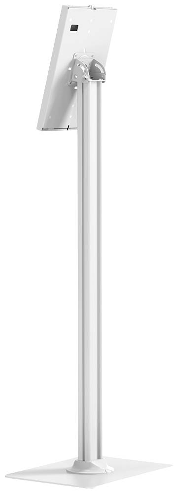 Biały, pionowo ustawiony stojak na tablet z płaską podstawą, odpowiedni do prezentacji lub użytku publicznego.