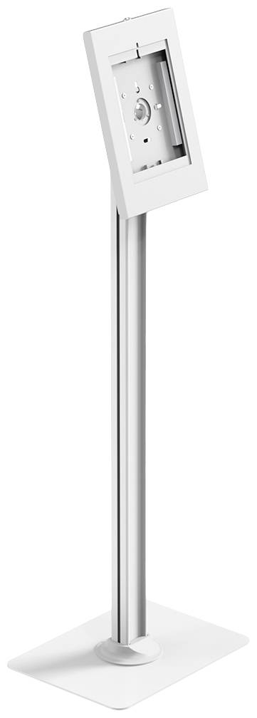 Biały metalowy stojak z prostokątnym uchwytem, prawdopodobnie przeznaczony dla tabletu lub wyświetlacza.