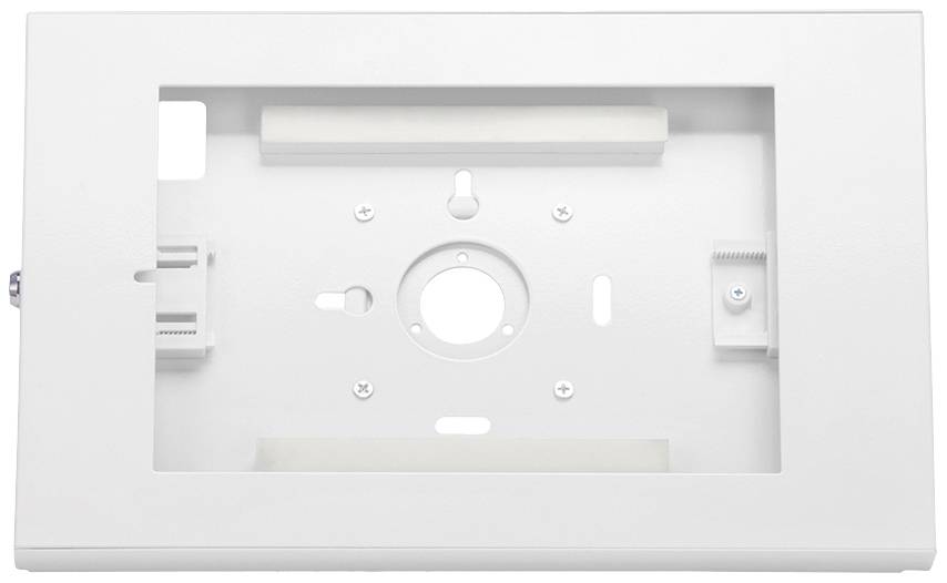 Biała metalowa wspornik z różnymi punktami mocowania, centralnym otworem i dwoma bocznymi uchwytami.