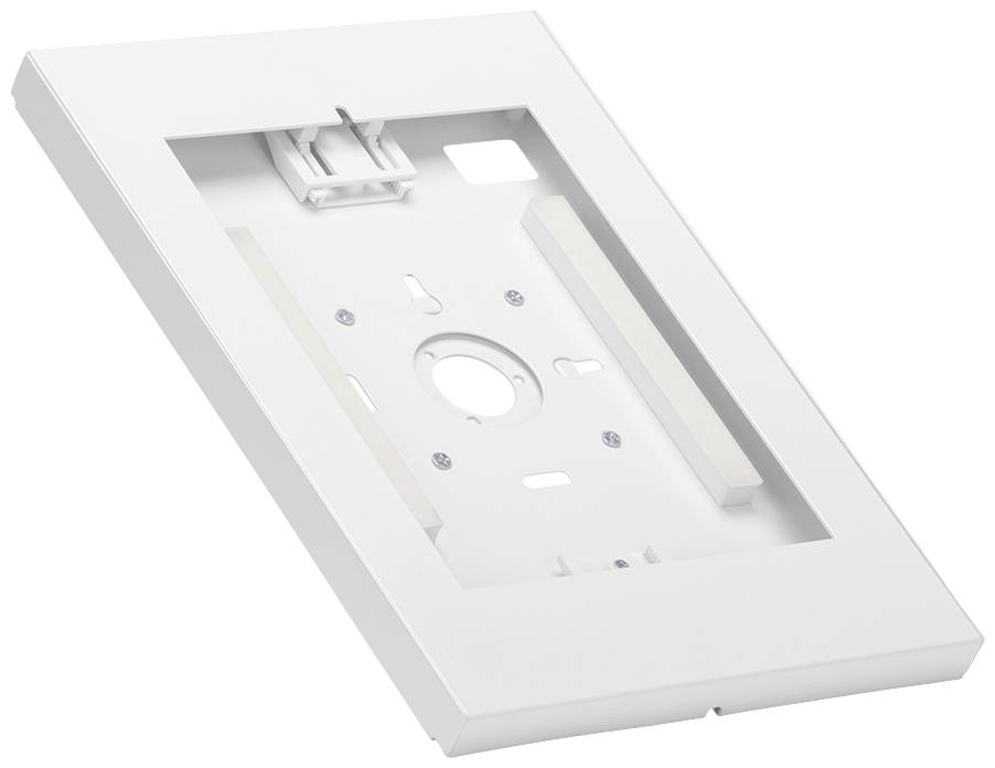 Biała plastikowa osłona z wycięciami i punktami mocowania, odpowiednia do instalacji lub jako pokrywa systemów elektrycznych lub montażowych.