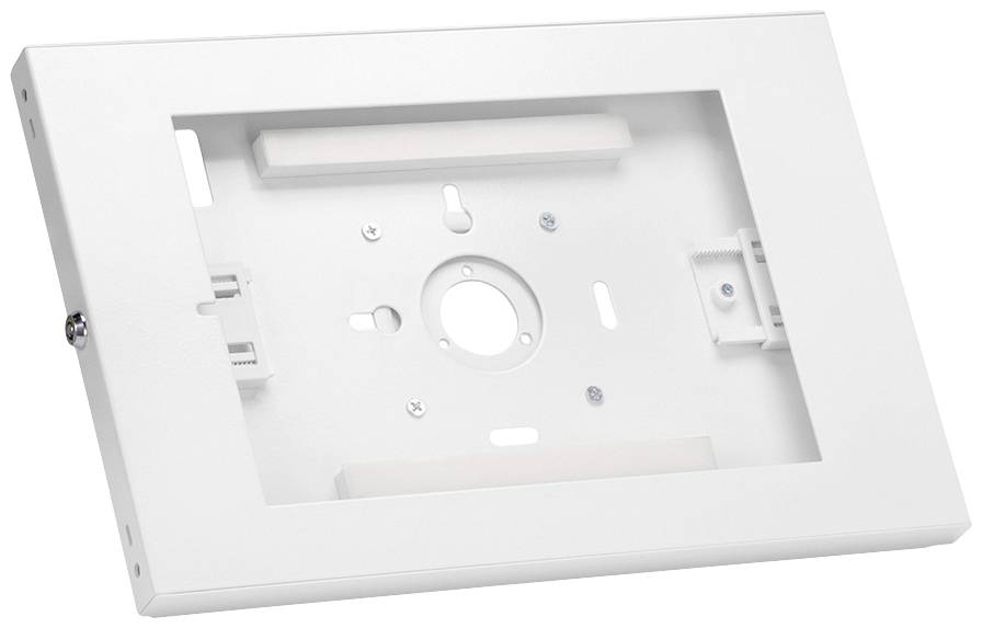 Biała, prostokątna wspornik z wieloma punktami mocowania i otworami, używany do montażu urządzeń technicznych na ścianach.