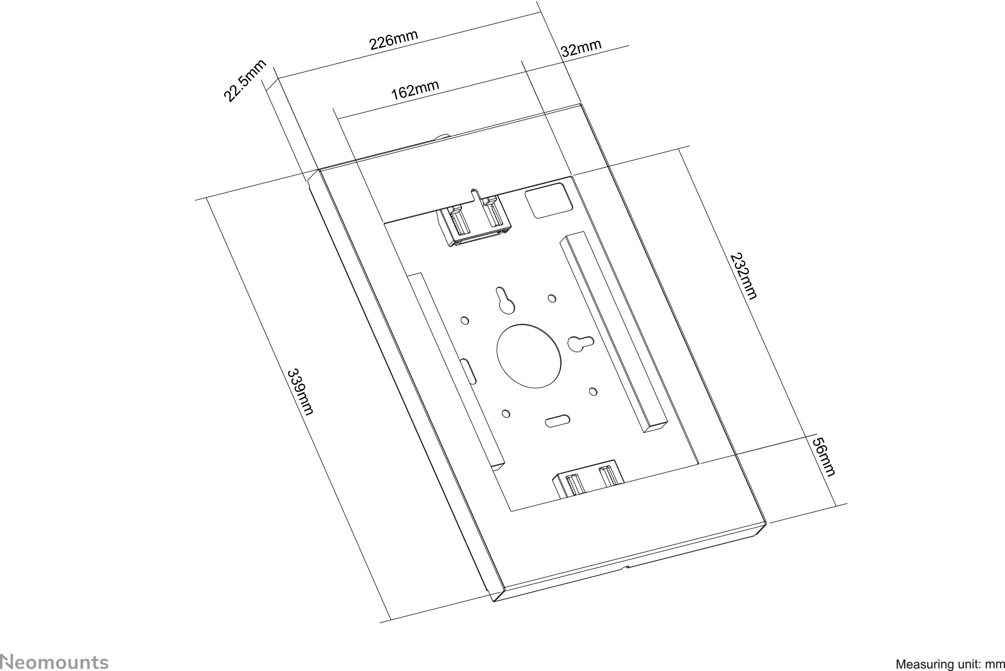 Rysunek wymiarowy prostokątnego uchwytu o wymiarach: 228 mm x 162 mm x 32 mm oraz 229 mm x 95 mm x 22,5 mm.