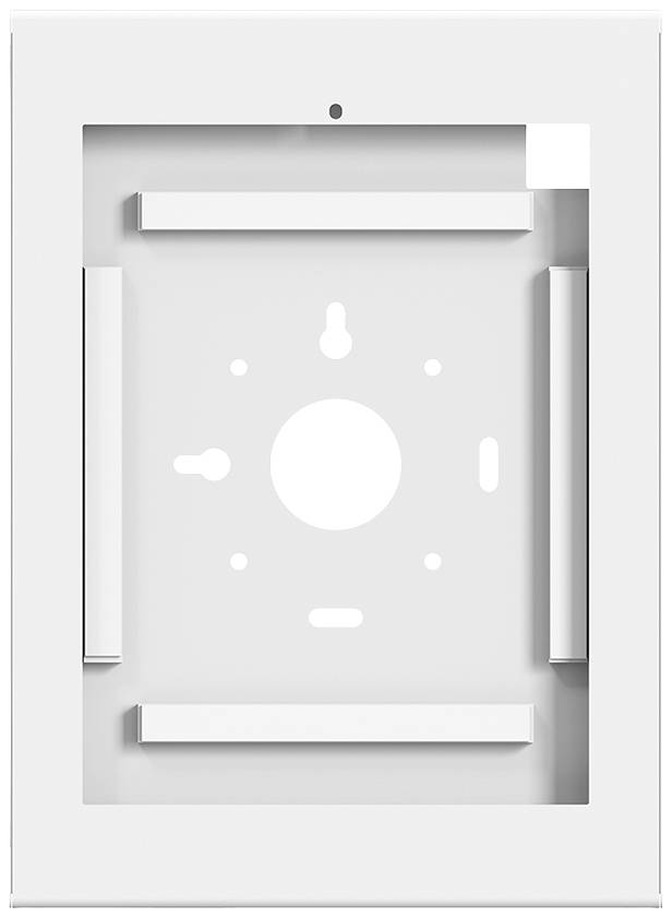 Biały, prostokątny stelaż z wycięciami i otworami montażowymi, prawdopodobnie przeznaczony do instalacji urządzenia lub panelu.