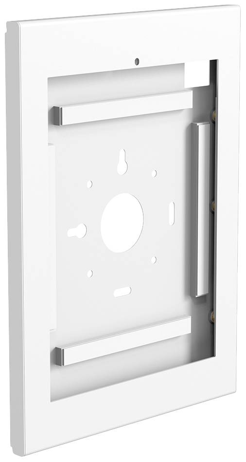 Prostokątna biała rama naścienna z uchwytami i przestrzenią do zamontowania urządzenia, takiego jak tablet.