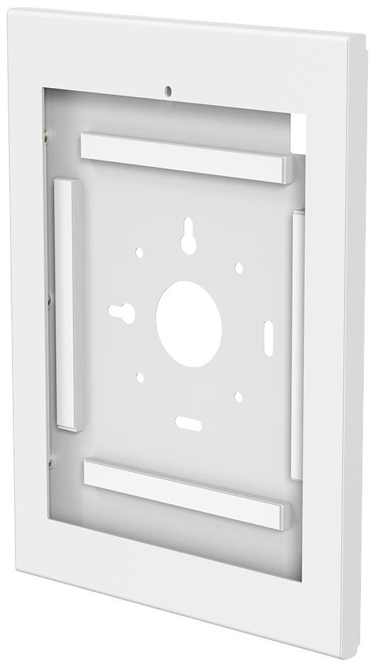 Biała metalowa rama do mocowania na ścianie. Posiada kilka otworów montażowych pośrodku oraz cztery podłużne uchwyty wewnątrz.