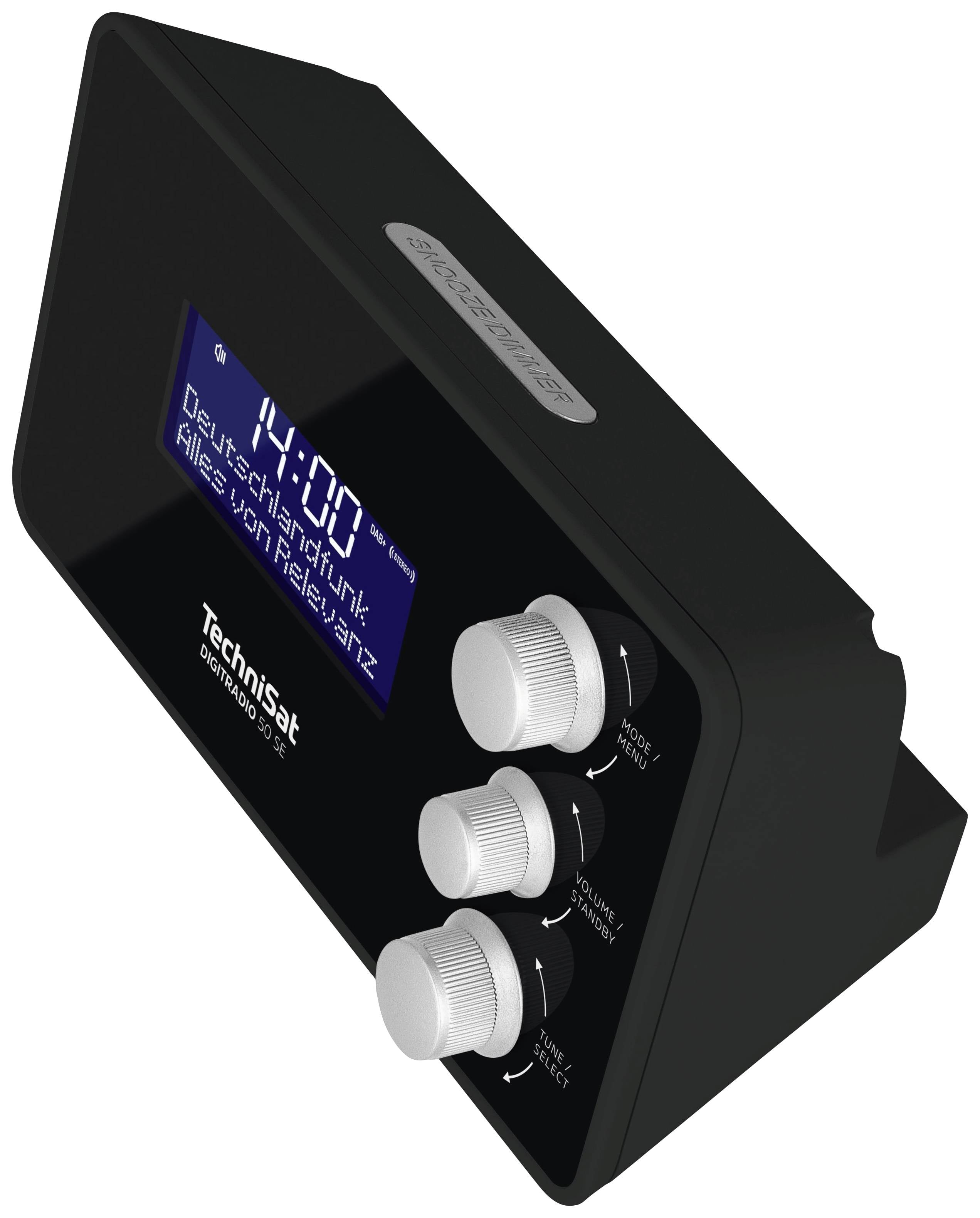 Czarny radioodbiornik cyfrowy z wyświetlaczem pokazuje '10:00 Godzina Niemieckie Schlagry: Dźwięk Freddy'ego'. Trzy pokrętła sterujące do regulacji.